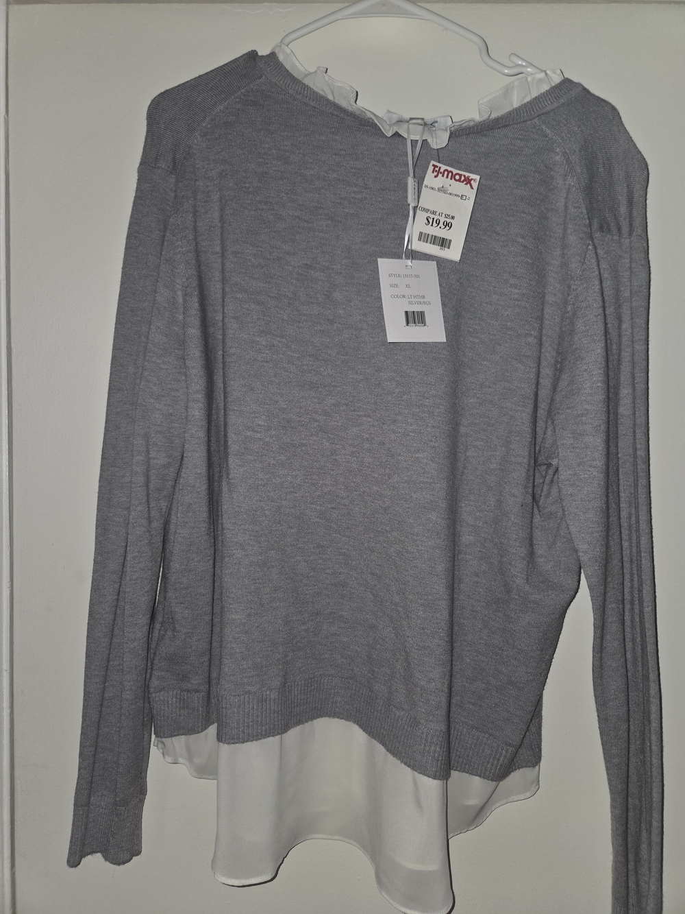 Gray Layered-Look Knit Top with White Hem